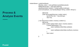 lineItemStream = orderEventStream
.filter((key, value) -> value.getState().equals(State.placed))
.flatMapValues(value -> value.getLineItems())
.selectKey((orderId, lineItem) -> lineItem.getSku().toString())
.join(inventoryStream, new KeyValueMapper<String, LineItem, String>() {
@Override
public String apply(String key, LineItem value) {
log.info("Sku Key " + key.toString());
return key;
}
}, new ValueJoiner<LineItem, Inventory, LineItem>() {
@Override
public LineItem apply(LineItem value1, Inventory value2) {
if (value2.getQuantity() > 0) {
value1.setState(LineItemState.validated);
} else {
value1.setState(LineItemState.insufficient_inventory);
}
return value1;
}
});
 