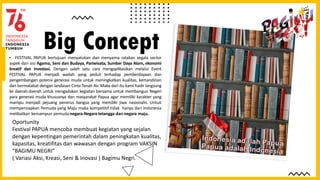 Big Concept
• FESTIVAL PAPUA bertujuan menyatukan dan menyama ratakan segala sector
aspek dari sisi Agama, Seni dan Budaya...
