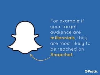 For example if
your target
audience are
millennials, they
are most likely to
be reached on
Snapchat.
 