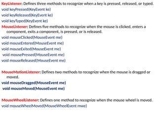 KeyListener: Defines three methods to recognize when a key is pressed, released, or typed.
void keyPressed(KeyEvent ke)
void keyReleased(KeyEvent ke)
void keyTyped(KeyEvent ke)
MouseListener: Defines five methods to recognize when the mouse is clicked, enters a
component, exits a component, is pressed, or is released.
void mouseClicked(MouseEvent me)
void mouseEntered(MouseEvent me)
void mouseExited(MouseEvent me)
void mousePressed(MouseEvent me)
void mouseReleased(MouseEvent me)
MouseMotionListener: Defines two methods to recognize when the mouse is dragged or
moved.
void mouseDragged(MouseEvent me)
void mouseMoved(MouseEvent me)
MouseWheelListener: Defines one method to recognize when the mouse wheel is moved.
void mouseWheelMoved(MouseWheelEvent mwe)
 