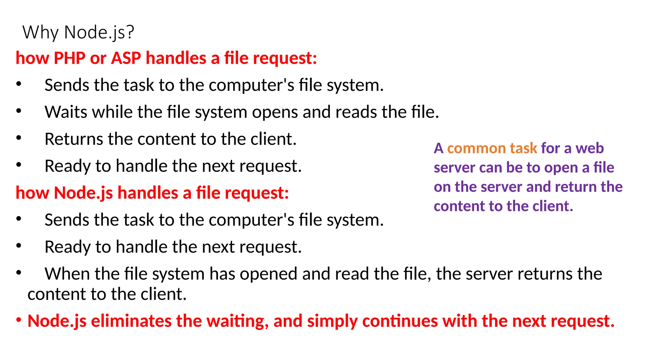 Why Node.js?
how PHP or ASP handles a file request:
• Sends the task to the computer's file system.
• Waits while the file system opens and reads the file.
• Returns the content to the client.
• Ready to handle the next request.
how Node.js handles a file request:
• Sends the task to the computer's file system.
• Ready to handle the next request.
• When the file system has opened and read the file, the server returns the
content to the client.
• Node.js eliminates the waiting, and simply continues with the next request.
A common task for a web
server can be to open a file
on the server and return the
content to the client.
 