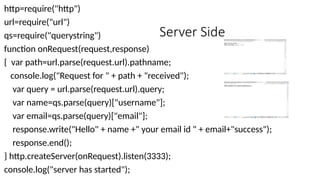 Server Side
http=require("http")
url=require("url")
qs=require("querystring")
function onRequest(request,response)
{ var path=url.parse(request.url).pathname;
console.log("Request for " + path + "received");
var query = url.parse(request.url).query;
var name=qs.parse(query)["username"];
var email=qs.parse(query)["email"];
response.write("Hello" + name +" your email id " + email+"success");
response.end();
} http.createServer(onRequest).listen(3333);
console.log("server has started");
 