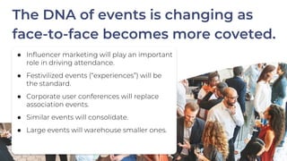 ● Influencer marketing will play an important
role in driving attendance.
● Festivilized events (“experiences”) will be
th...
