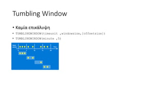 Tumbling Window
• Καμία επικάλυψη
• TUMBLINGWINDOW(timeunit ,windowsize,[offsetsize])
• TUMBLINGWINDOW(minute ,5)
 