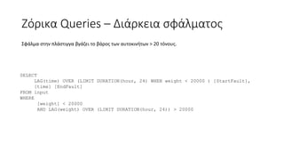Ζόρικα Queries – Διάρκεια σφάλματος
SELECT
LAG(time) OVER (LIMIT DURATION(hour, 24) WHEN weight < 20000 ) [StartFault],
[time] [EndFault]
FROM input
WHERE
[weight] < 20000
AND LAG(weight) OVER (LIMIT DURATION(hour, 24)) > 20000
Σφάλμα στην πλάστιγγα βγάζει το βάρος των αυτοκινήτων > 20 τόνους.
 