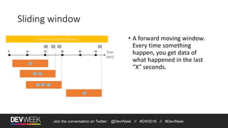 Sliding window
1 5
A 20-second Sliding Window
1
8
8
5 1
9
5 1 9
Join the conversation on Twitter: @DevWeek // #DW2016 // #DevWeek
• A forward moving window.
Every time something
happen, you get data of
what happened in the last
“X” seconds.
 