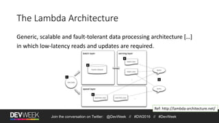 Join the conversation on Twitter: @DevWeek // #DW2016 // #DevWeek
The Lambda Architecture
Generic, scalable and fault-tolerant data processing architecture […]
in which low-latency reads and updates are required.
Ref: http://lambda-architecture.net/
 