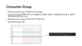 Consumer Group
• 전체 Event Hub의 View, 즉 상태 위치 또는 Offset
• Consumer Group을 통해서 여러 소비 응용프로그램은 이벤트 스트림을 별도로 볼 수 있으며
이벤트를 독립적으로 소모
• Default Consumer Group, 최대 20개 까지 등록 가능
• Azure Blob Storage 저장
 