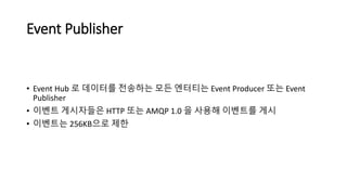 Event Publisher
• Event Hub 로 데이터를 전송하는 모든 엔터티는 Event Producer 또는 Event
Publisher
• 이벤트 게시자들은 HTTP 또는 AMQP 1.0 을 사용해 이벤트를 게시
• 이벤트는 256KB으로 제한
 