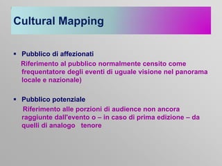 Cultural Mapping
 Pubblico di affezionati
Riferimento al pubblico normalmente censito come
frequentatore degli eventi di uguale visione nel panorama
locale e nazionale)
 Pubblico potenziale
Riferimento alle porzioni di audience non ancora
raggiunte dall'evento o – in caso di prima edizione – da
quelli di analogo tenore

 