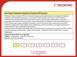 1° INCONTRO
Benessere psicofisico
1 2 3 4 5 6 7
Dal Toyota Production System al Toyota Profit System
Il Toyota Production System (TPS) è un metodo di organizzazione della produzione sviluppato da Toyota, in
Giappone, nell’immediato dopo guerra, conosciuto a livello mondiale con termine “Lean Production”.
Il TPS permette all’organizzazione di incrementare la qualità, ottimizzando costantemente i processi ed
eliminando inutili sprechi di risorse naturali, umane ed aziendali con l’obiettivo ultimo di aumentare gli utili.
Il TPS influenza ogni aspetto aziendale ed include un sistema comune di valori, conoscenze e procedure.
Affidando ai dipendenti responsabilità chiare e definite per ogni fase produttiva, incoraggia l'aspirazione al
miglioramento in ogni membro dell’organizzazione.
Partendo dai principi fondanti del Toyota Way, saranno presentati le caratteristiche distintive del TPS e i relativi
strumenti operativi, evidenziando i risultati che le imprese – di qualsiasi settore e dimensione – possono
raggiungere.
Giovedì 12 marzo 2015 ore 17.00-19.00
Padova – Il Cubo Rosso – Viale dell’Industria 62
Relatore: Ing. Gianni Dal Pozzo
 