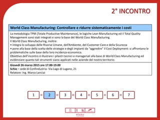 2° INCONTRO
Benessere psicofisico
1 2 3 4 5 6 7
World Class Manufacturing: Controllare e ridurre sistematicamente i costi
La metodologia TPM (Totale Productive Maintenance), le logiche Lean Manufacturing ed il Total Quality
Management sono stati integrati e sono la base del World Class Manufacturing.
Il World Class Manufacturing, inoltre:
• integra lo sviluppo delle Risorse Umane, dell’Ambiente, del Customer Care e della Sicurezza
• pone alla base della scelta delle strategie e degli impianti da “aggredire” il Cost Deployment: si affrontano le
problematiche sulle base della loro incidenza economica.
Obiettivo dell’incontro è illustrare i pilastri tecnici e manageriali alla base di World Class Manufacturing ed
evidenziare quanto tali strumenti siano applicati nelle aziende del nostro territorio.
Giovedì 26 marzo 2015 ore 17.00-19.00
Schio – sede di Confindustria- Via Lago di Lugano, 21
Relatore: Ing. Marco Lanciai
 