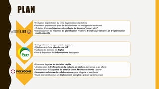 PLAN
• Evaluation et prédiction du cycle de génération des déchets
• Nouveaux processus de prise de décision basés sur une approche multicanal
• Création d’une architecture de collecte de données “smart city”
• Développement de modèles de planification routière, d’analyse prédictives et d’optimisation
multi-objectifs
• Intégration et management des capteurs
• Déploiement d’une plateforme IoT
• Collecte des données via Sigfox
• Mise à disposition des informations des capteurs
• Processus de prise de décision rapide
• Amélioration de l’efficacité de la collecte de déchets (en temps, et en effort)
• Amélioration de la qualité de service client. Nouveaux clients à attirer
• Nouveaux schémas de collaborations entre Polygone et ses clients
• Etude des bénéfices sur un déploiement complet, à prévoir après le projet
 