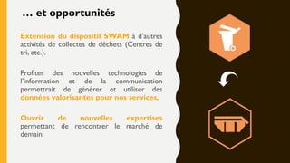 Extension du dispositif SWAM à d’autres
activités de collectes de déchets (Centres de
tri, etc.).
Profiter des nouvelles technologies de
l’information et de la communication
permettrait de générer et utiliser des
données valorisantes pour nos services.
Ouvrir de nouvelles expertises
permettant de rencontrer le marché de
demain.
… et opportunités
 