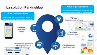 La solution ParkingMap Pour le gestionnaire
Des outils et une information pour maîtriser et
mieux comprendre l’usage du stationnement
Pour l’automobiliste
Des outils et une information pour gagner du
temps et rendre le stationnement plus facile
PM Mobile
Application
mobile
Jalonnement dynamique
Affichage dynamique
PM View
Application web et mobile
PM Report
Application web
PM Jalonnement
Application web
 