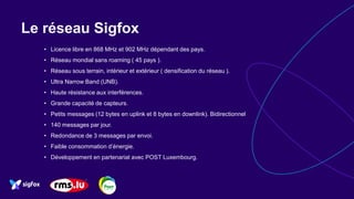 Le réseau Sigfox
• Licence libre en 868 MHz et 902 MHz dépendant des pays.
• Réseau mondial sans roaming ( 45 pays ).
• Réseau sous terrain, intérieur et extérieur ( densification du réseau ).
• Ultra Narrow Band (UNB).
• Haute résistance aux interférences.
• Grande capacité de capteurs.
• Petits messages (12 bytes en uplink et 8 bytes en downlink). Bidirectionnel
• 140 messages par jour.
• Redondance de 3 messages par envoi.
• Faible consommation d’énergie.
• Développement en partenariat avec POST Luxembourg.
 