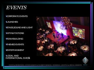 EVENTS CORPORATE EVENTS LAUNCHES STAGE,SOUND AND LIGHT VIP INVITATIONS TEAM BUILDING THEMED EVENTS ENTERTAINMENT LOCAL AND INTERNATIONAL S MC’s EVENTS & PROMOTIONS---ENTERTAINMENT & CELEBRITY BOOKING---WEDDINGS---LIFESTYLE & SPECIAL MOMENTS 