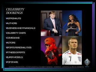 CELEBRITY BOOKINGS ASTRONAUTS AUTHORS BUSINESS AND FINANCIALS  CELEBRITY CHEFS COMEDIANS ACTORS SPORTS PERSONALITIES FITNESS EXPERTS SUPER MODELS POP STARS EVENTS & PROMOTIONS---ENTERTAINMENT & CELEBRITY BOOKING---WEDDINGS ---LIFESTYLE & SPECIAL MOMENTS 