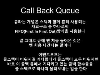 Call Back Queue
큐라는 개념은 스택과 함께 흔히 사용되는
자료구조 중 하나로써
FIFO(First In First Out)방식을 사용한다
말 그대로 큐에 맨 처음 들어온 것은
맨 처음 나간다는 말이다
이벤트루프는
콜스택이 비워지길 기다렸다가 콜스택이 모두 비워지면
바로 이 콜백 큐에서 기다리고 있는 콜백 함수들을
콜 스택으로 하나씩 올려보내는 일을 한다
 