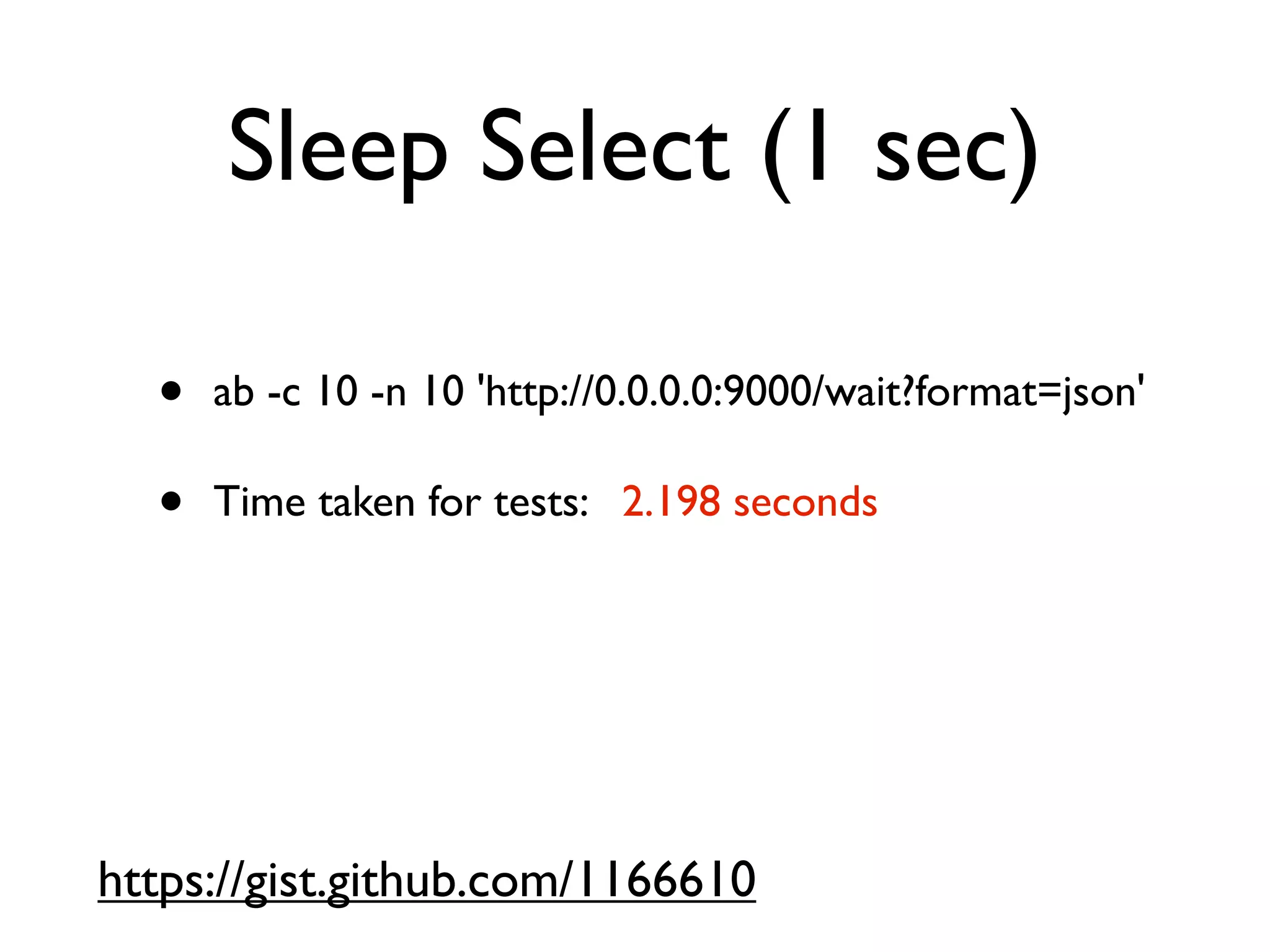 Sleep Select (1 sec)

  •   ab -c 10 -n 10 'http://0.0.0.0:9000/wait?format=json'

  •   Time taken for tests:   2.198 seconds




https://gist.github.com/1166610
 