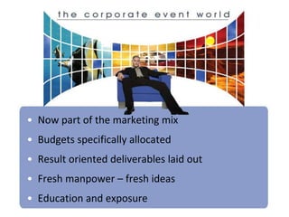 • Now part of the marketing mix
• Budgets specifically allocated
• Result oriented deliverables laid out
• Fresh manpower – fresh ideas
• Education and exposure
 