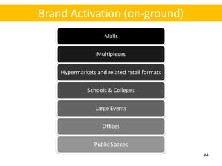 Brand Activation (on-ground)
                    Malls

                 Multiplexes

    Hypermarkets and related retail formats

              Schools & Colleges

                 Large Events

                    Offices

                Public Spaces
                                              84
 
