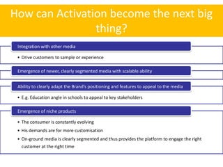 How can Activation become the next big
                thing?
 Integration with other media

 • Drive customers to sample or experience

 Emergence of newer, clearly segmented media with scalable ability


 Ability to clearly adapt the Brand’s positioning and features to appeal to the media

 • E.g. Education angle in schools to appeal to key stakeholders

 Emergence of niche products

 • The consumer is constantly evolving
 • His demands are for more customisation
 • On-ground media is clearly segmented and thus provides the platform to engage the right
   customer at the right time
 