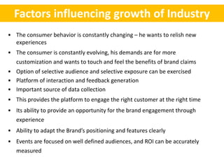Factors influencing growth of Industry
• The consumer behavior is constantly changing – he wants to relish new
  experiences
• The consumer is constantly evolving, his demands are for more
  customization and wants to touch and feel the benefits of brand claims
• Option of selective audience and selective exposure can be exercised
• Platform of interaction and feedback generation
• Important source of data collection
• This provides the platform to engage the right customer at the right time
• Its ability to provide an opportunity for the brand engagement through
  experience
• Ability to adapt the Brand’s positioning and features clearly
• Events are focused on well defined audiences, and ROI can be accurately
  measured
 