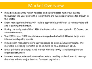 Market Overview
• India being a country rich in heritage and culture holds numerous events
  throughout the year due to th...