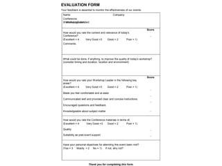 EVALUATION FORM
Your feedback is essential to monitor the effectiveness of our events.
Name: Company:
Conference:
Workshop(s) attended:WorkshopEvent:
How would you rate the content and relevance of today’s
Conference?
(Excellent = 4 Very Good =3 Good = 2 Poor = 1)
Comments:
Score
...
What could be done, if anything, to improve the quality of today’s workshop?
(consider timing and duration, location and environment)
How would you rate your Workshop Leader in the following key
areas?
(Excellent = 4 Very Good =3 Good = 2 Poor = 1)
Made you feel comfortable and at ease
Communicated well and provided clear and concise instructions
Encouraged questions and feedback
Knowledgeable about subject matter
Score
...
...
...
...
How would you rate the Conference materials in terms of:
(Excellent = 4 Very Good =3 Good = 2 Poor = 1)
Quality
Suitability as post-event support
...
...
Have your personal objectives for attending this event been met?
(Yes = 3 Mostly = 2 No = 1) If not, why not?
Thank you for completing this form.
 