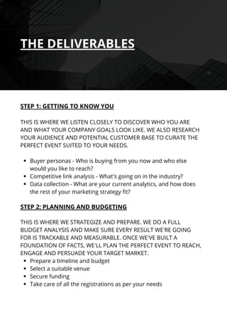 Buyer personas - Who is buying from you now and who else
would you like to reach?
Competitive link analysis - What's going on in the industry?
Data collection - What are your current analytics, and how does
the rest of your marketing strategy fit?
Prepare a timeline and budget
Select a suitable venue
Secure funding
Take care of all the registrations as per your needs
STEP 1: GETTING TO KNOW YOU
THIS IS WHERE WE LISTEN CLOSELY TO DISCOVER WHO YOU ARE
AND WHAT YOUR COMPANY GOALS LOOK LIKE. WE ALSO RESEARCH
YOUR AUDIENCE AND POTENTIAL CUSTOMER BASE TO CURATE THE
PERFECT EVENT SUITED TO YOUR NEEDS.
STEP 2: PLANNING AND BUDGETING
THIS IS WHERE WE STRATEGIZE AND PREPARE. WE DO A FULL
BUDGET ANALYSIS AND MAKE SURE EVERY RESULT WE'RE GOING
FOR IS TRACKABLE AND MEASURABLE. ONCE WE'VE BUILT A
FOUNDATION OF FACTS, WE'LL PLAN THE PERFECT EVENT TO REACH,
ENGAGE AND PERSUADE YOUR TARGET MARKET.
THE DELIVERABLES
 