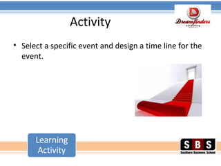 Activity
• Select a specific event and design a time line for the
event.
 