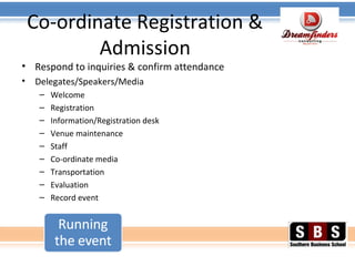 Co-ordinate Registration &
Admission
• Respond to inquiries & confirm attendance
• Delegates/Speakers/Media
– Welcome
– Registration
– Information/Registration desk
– Venue maintenance
– Staff
– Co-ordinate media
– Transportation
– Evaluation
– Record event
 