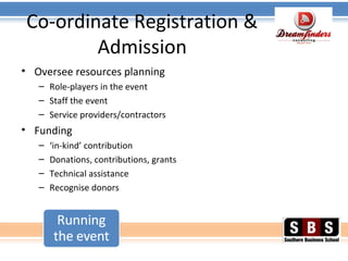 Co-ordinate Registration &
Admission
• Oversee resources planning
– Role-players in the event
– Staff the event
– Service providers/contractors
• Funding
– ‘in-kind’ contribution
– Donations, contributions, grants
– Technical assistance
– Recognise donors
 