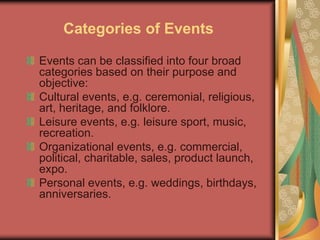 Categories of Events
Events can be classified into four broad
categories based on their purpose and
objective:
Cultural events, e.g. ceremonial, religious,
art, heritage, and folklore.
Leisure events, e.g. leisure sport, music,
recreation.
Organizational events, e.g. commercial,
political, charitable, sales, product launch,
expo.
Personal events, e.g. weddings, birthdays,
anniversaries.
 
