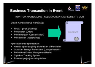 Business Transaction in Event
KONTRAK / PERJANJIAN / KESEPAKATAN / AGREEMENT / MOU
Dalam Kontrak harus mencakup:
• Pihak – pihak (Parties)
• Penawaran (Offer)
• Pertimbangan (Consideration)
• Persetujuan (Acceptance)
Apa saja harus diperhatikan:
• Analisa apa saja yang disyaratkan di Perjanjian
• Gunakan Tenaga Profesional (Lawyer/Notaris)
• Perhatikan Klausa Manajemen Resiko
• Ciptakan Tracking System
• Evaluasi perjanjian setiap tahun
CONTRACT
 