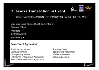 Business Transaction in Event
KONTRAK / PERJANJIAN / KESEPAKATAN / AGREEMENT / MOU
Apa saja yang harus dibuatkan kontrak:
Venues / Sites
Vendors
Entertainment
Dan lainnya.
Basic Event Agreement
Broadcast Agreement Purchase Order
Client Agreement Sponsorship Agreement
Employee Agreement Vendor Agreement
Entertainer Engagement Agreement Venue Agreement
Independent Contractor Agreement
 