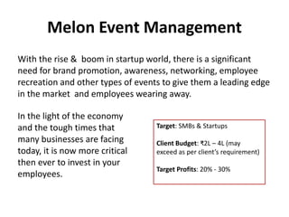 Melon Event Management
With the rise & boom in startup world, there is a significant
need for brand promotion, awareness, ...