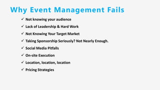 Why Event Management Fails
✓ Not knowing your audience
✓ Lack of Leadership & Hard Work
✓ Not Knowing Your Target Market
✓ Taking Sponsorship Seriously? Not Nearly Enough.
✓ Social Media Pitfalls
✓ On-site Execution
✓ Location, location, location
✓ Pricing Strategies
 