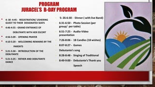 PROGRAM
JURACEL’S B-DAY PROGRAM
• 4: 30 -4:45 - REGISTRATION/ USHERING
GUEST TO THEIR DESIGNATED SEATS
• 4:46-4:55 - GRAND ENTRANCE OF
DEBUTANTE WITH HER ESCORT
• 4:56-5:09 - OPENING PRAYER
• 4:10-5:20 - WELCOMING REMARKS BY THE
PARENTS
• 5:21-5:30 - INTRODUCTION OF THE
DEBUTANTE
• 5:21-5:25 - FATHER AND DEBUTANTE
DANCE
• 5: 26-6:30 - Dinner ( with live Band)
• 6:31-6:50 - Photo Session (per
group/ per table)
• 6:51-7:25 - Audio-Video
presentation
• 7:26-8:06 - 18 Candles (18 wishes)
• 8:07-8:27 - Games
• Debutante’s song
• 8:28-8:48 - Singing of Traditional
• 8:49-9:00 - Debutante’s Thank you
Speech
 