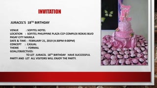 INVITATION
JURACEL’S 18TH BIRTHDAY
VENUE : SOFITEL HOTEL
LOCATION : SOFITEL PHILIPPINE PLAZA CCP COMPLEX ROXAS BLVD
PASAY CITY MANILA
DATE & TIME : FEBRUARY 21, 2019 (4:30PM-9:00PM)
CONCEPT : CASUAL
THEME : FORMAL
GOAL/OBJECTIVES:
TO LET JURACEL 18TH BIRTHDAY HAVE SUCCESSFUL
PARTY AND LET ALL VISITORS WILL ENJOY THE PARTY.
 