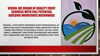 VISION: WE DREAM OF QUALITY EVENT
SERVICES WITH FULL POTENTIAL
BUILDING WORKFORCE NATIONWIDE
MISSION: EVENT BOOST EMPOWERS EVENT PROFESSIONALS, BY
SIMPLIFYING GUEST MANAGEMENT FROM COMPLEXITY AND BY
CONNECTING PEOPLE TO SUCCESSFUL EVENTS. WE WILL CATER
FAMILY, COMMUNITY AND OTHER STAKEHOLDERS AND IMPART
OUR KNOWLEDGE AND SKILLS TO ALL PARTNERS IN ANY TYPES
OF INSTITUTION
 