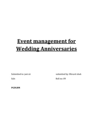 Event management for
       Wedding Anniversaries



Submitted to: jani sir   submitted by: Dhruvit shah

Sub:                     Roll no: 09



PGDLRM
 