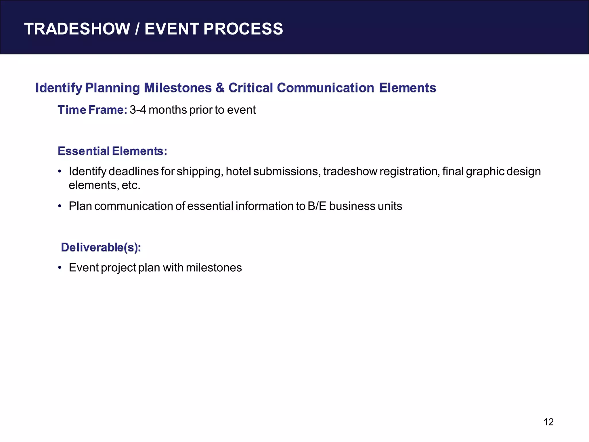 TRADESHOW / EVENT PROCESS


 Identify Planning Milestones & Critical Communication Elements
    Time Frame: 3-4 months prior to event


    Essential Elements:
    • Identify deadlines for shipping, hotel submissions, tradeshow registration, final graphic design
      elements, etc.
    • Plan communication of essential information to B/E business units


    Deliverable(s):
    • Event project plan with milestones




                                                                                                         12
 