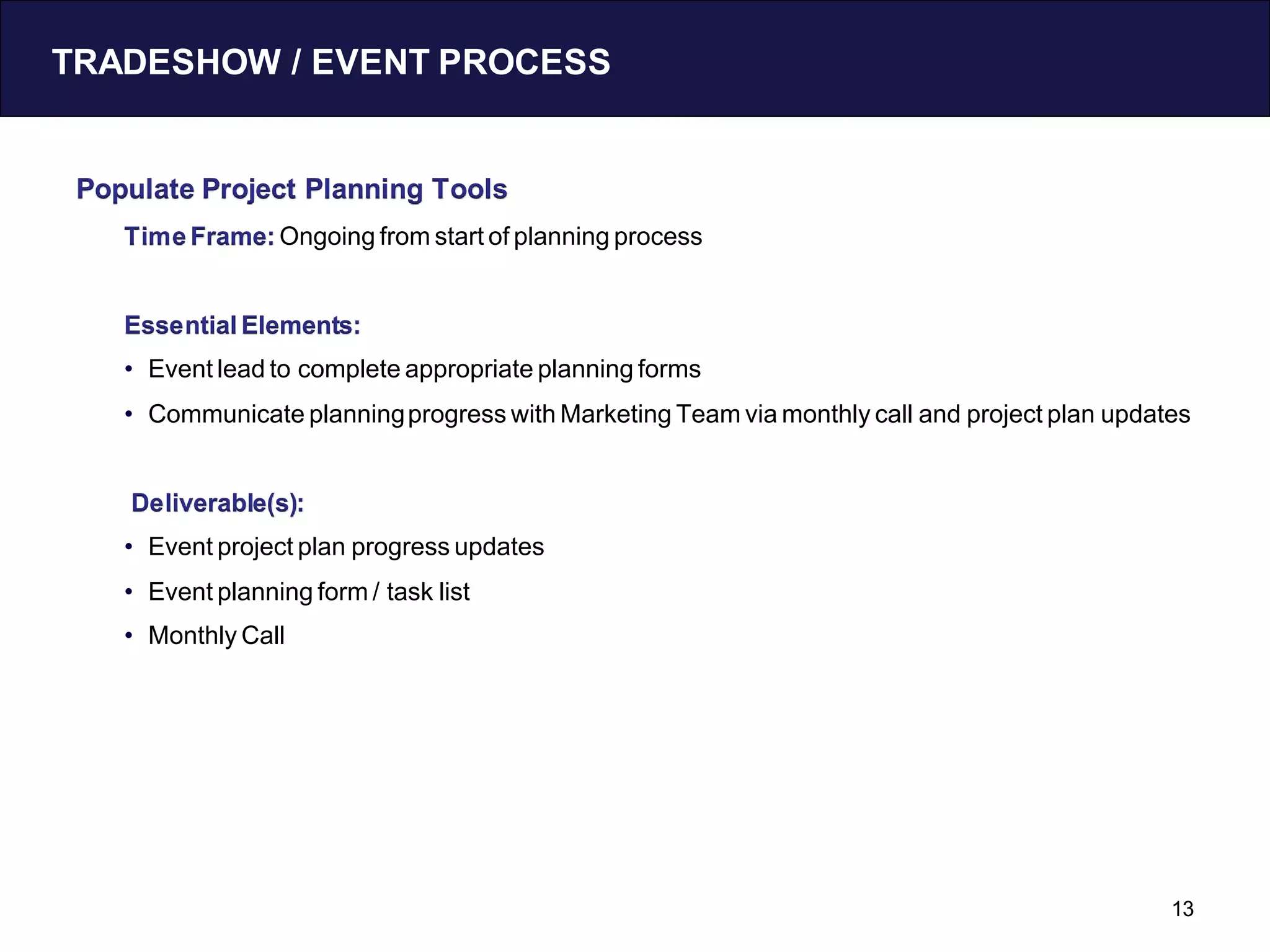 TRADESHOW / EVENT PROCESS


 Populate Project Planning Tools
    Time Frame: Ongoing from start of planning process


    Essential Elements:
    • Event lead to complete appropriate planning forms
    • Communicate planning progress with Marketing Team via monthly call and project plan updates


    Deliverable(s):
    • Event project plan progress updates
    • Event planning form / task list
    • Monthly Call




                                                                                               13
 