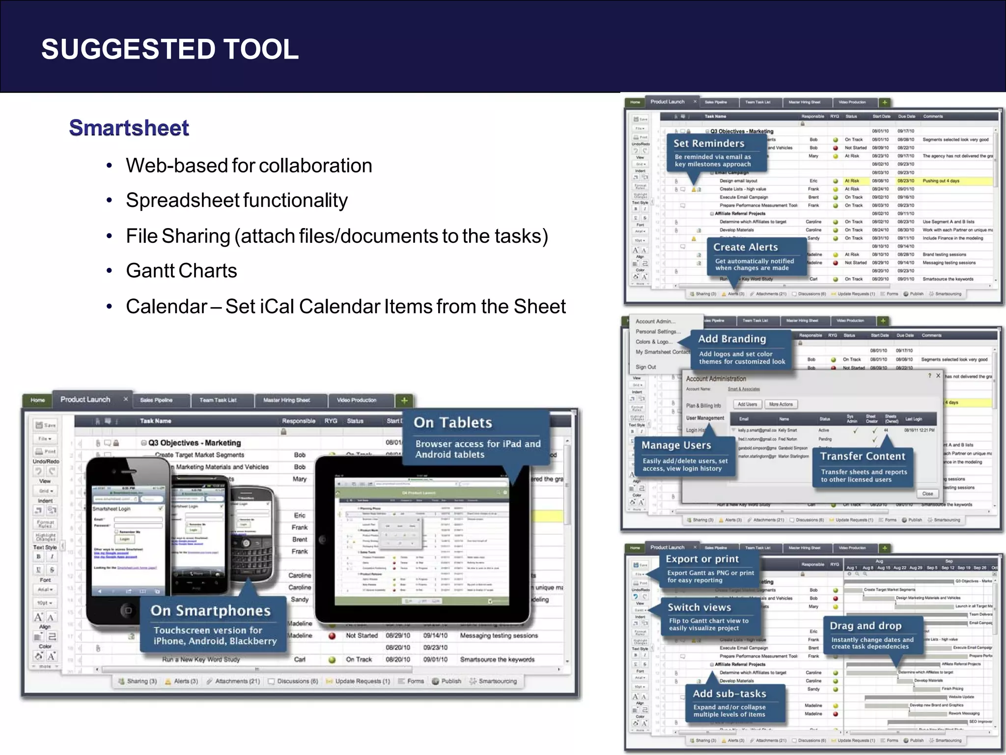 SUGGESTED TOOL

 Smartsheet
    • Web-based for collaboration
    • Spreadsheet functionality
    • File Sharing (attach files/documents to the tasks)
    • Gantt Charts
    • Calendar – Set iCal Calendar Items from the Sheet




                                                           16
 