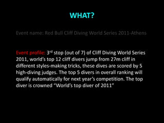 WHAT?

Event name: Red Bull Cliff Diving World Series 2011-Athens


Event profile: 3rd stop (out of 7) of Cliff Diving World Series
2011, worlds top 12 cliff divers jump from 27m cliff in
different styles-making tricks, these dives are scored by 5
high-diving judges. The top 5 divers in overall ranking will
qualify automatically for next years competition. The top
diver is crowned Worlds top diver of 2011
 