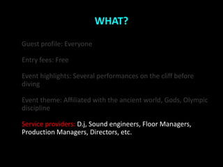 WHAT?
Guest profile: Everyone

Entry fees: Free

Event highlights: Several performances on the cliff before
diving

Event theme: Affiliated with the ancient world, Gods, Olympic
discipline

Service providers: D.j, Sound engineers, Floor Managers,
Production Managers, Directors, etc.
 