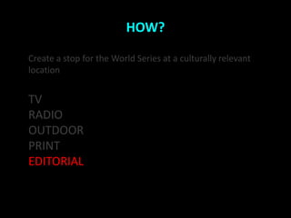 HOW?

Create a stop for the World Series at a culturally relevant
location


TV
RADIO
OUTDOOR
PRINT
EDITORIAL
 