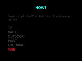 HOW?

Create a stop for the World Series at a culturally relevant
location


TV
RADIO
OUTDOOR
PRINT
EDITORIAL
WEB
 